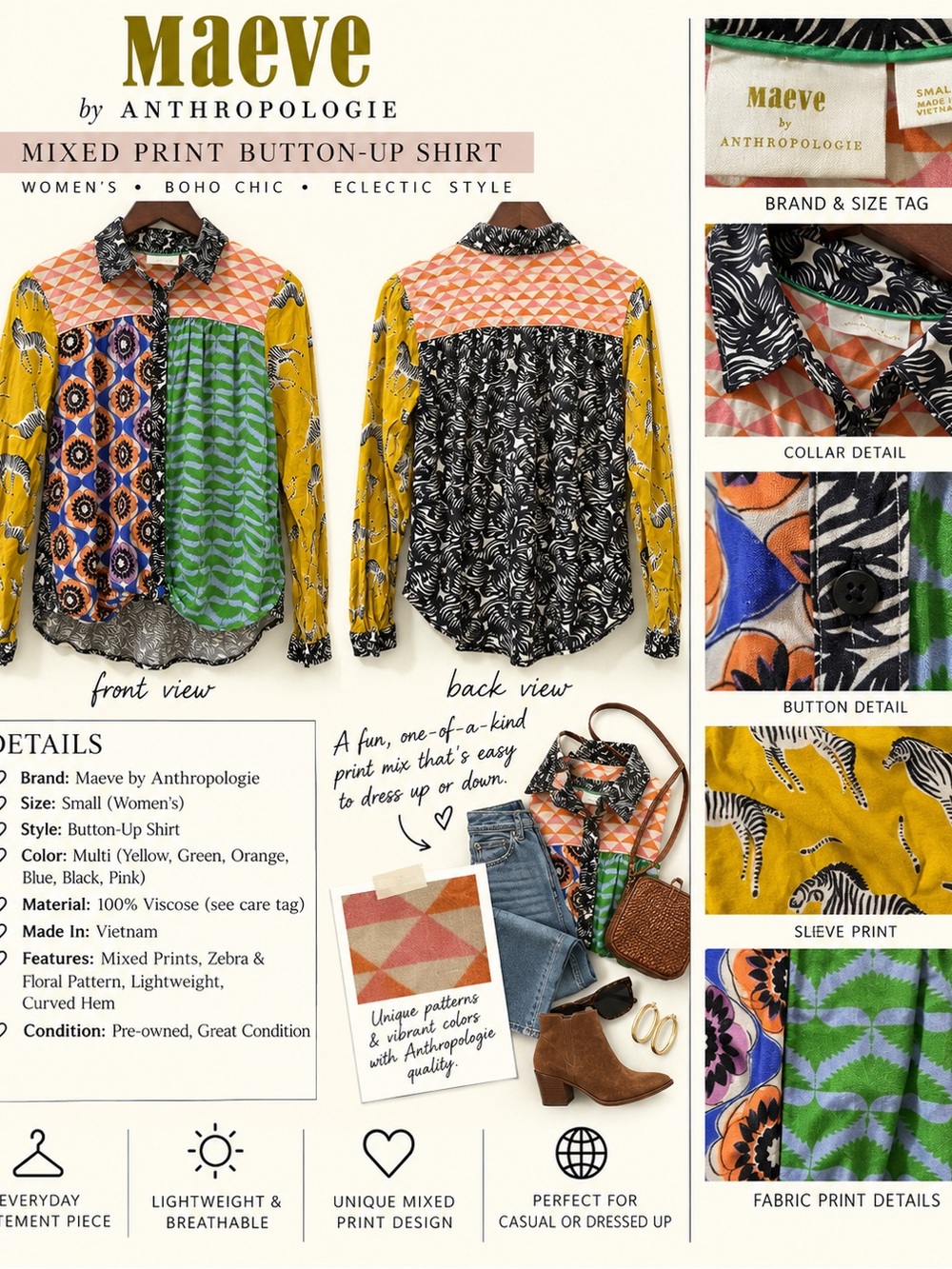Maeve Mixed-Print Button-Up Shirt in Yellow, Green, Black & Orange